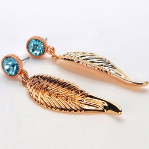 Rose Gold Angel Wings Feathers Turquoise Blue Crystal Dangle Drop Earrings